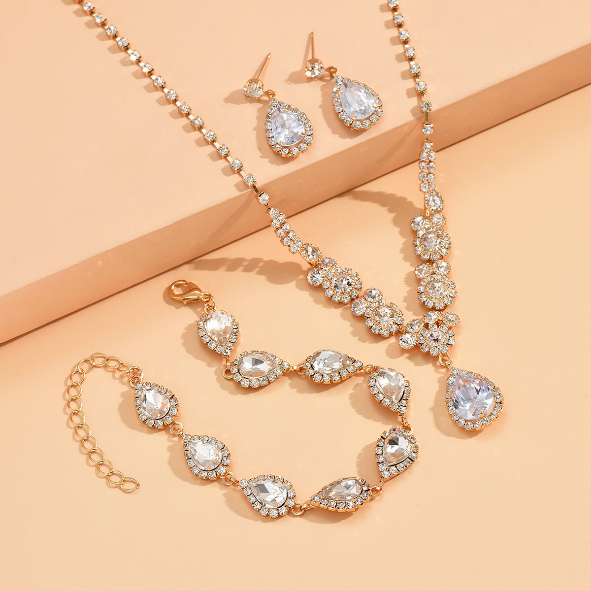 SISSLIA Trendy Rhinestone Water Drop Pendant Necklace Earrings Needle Jewelry Sets 925 Sterling Silver Set For Women