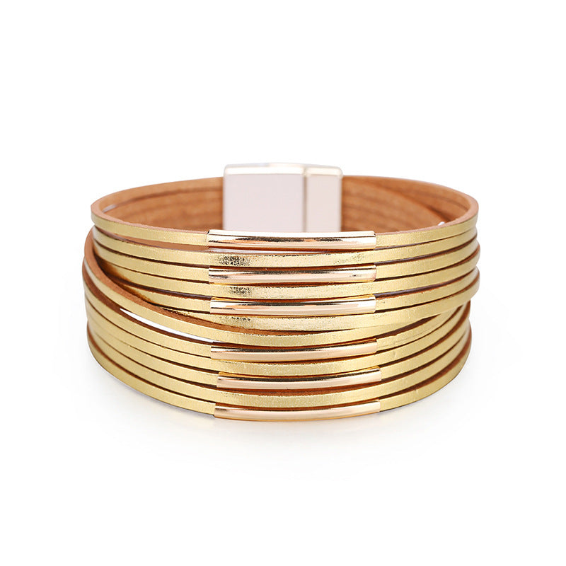 Sisslia Multi Layer Leather Bangle Women Magnetic Buckle Leather Bangle Exaggerated Bangle Fashion Jewelry
