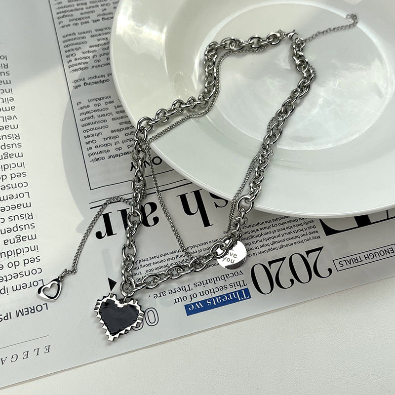 SISSLIA Fashion Stainless Steel Heart Shape Pendant Necklace Double Layer Clavicle Necklace For Women