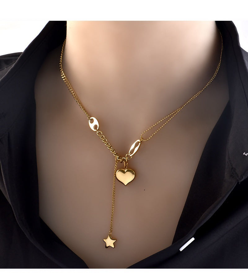 SISSLIA Hot Sale Fashion Gold Stainless Steel Necklace Hip Hop Star Tassels Heart Pendant Necklace For Women