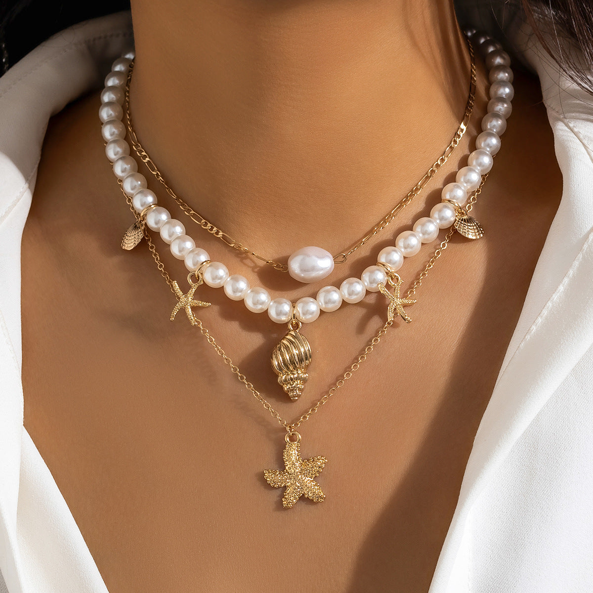 Sisslia Multi-layer Shell Necklace Gold Plated Pearl Necklace Custom Charm Personality Pearl Pendent Necklaces