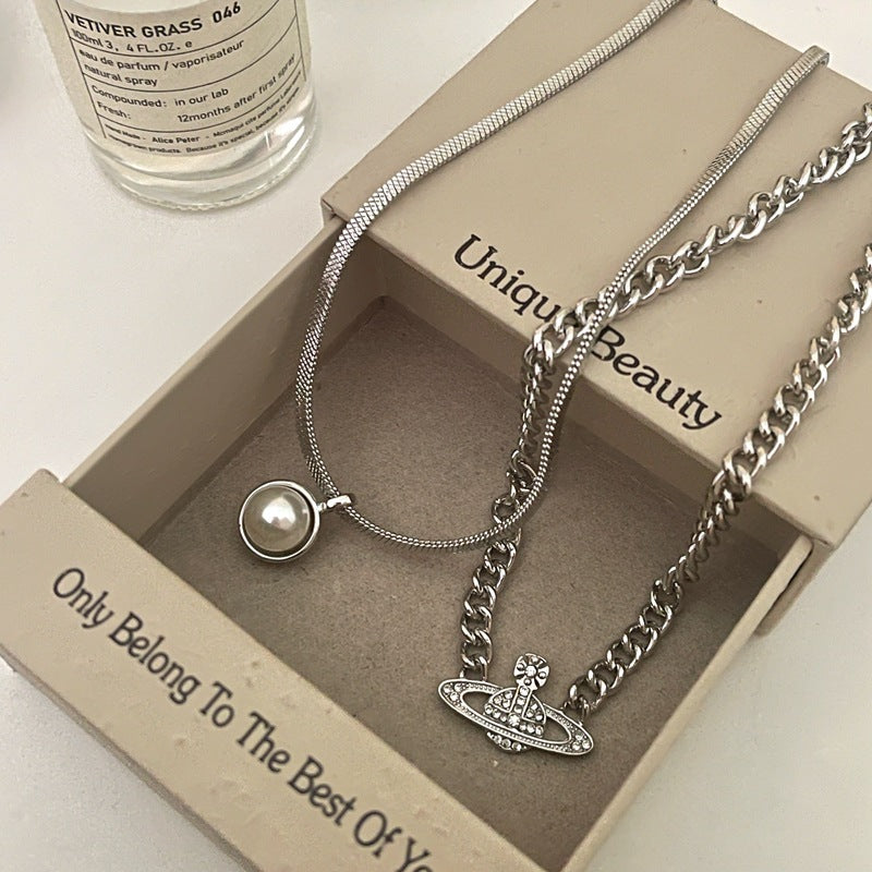 SISSLIA Silver Saturn Shape Inlaid Small Diamond Gold Plated Thick Chain Stack Necklace for Women