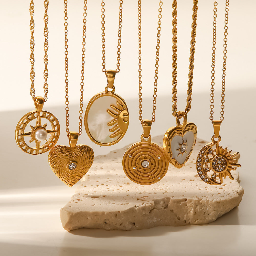 Sisslia Vintage 18K Gold Stainless Steel Various Style Natural Shell Heart Sun Moon Round Coin Medallion Pendant Necklaces