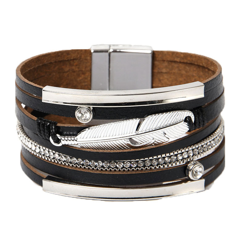 Sisslia Bohemian Multilayer Buckle Leather Bracelet Handmade Woven Magnetic Crystal Wide Band Feather Leather Bracelet