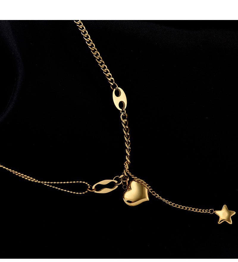 SISSLIA Hot Sale Fashion Gold Stainless Steel Necklace Hip Hop Star Tassels Heart Pendant Necklace For Women
