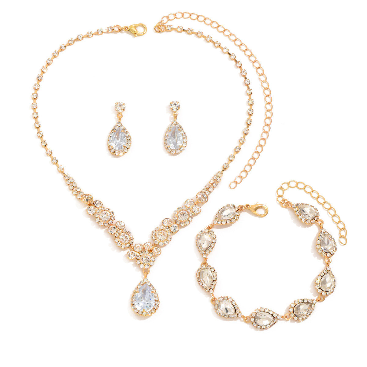 SISSLIA Trendy Rhinestone Water Drop Pendant Necklace Earrings Needle Jewelry Sets 925 Sterling Silver Set For Women