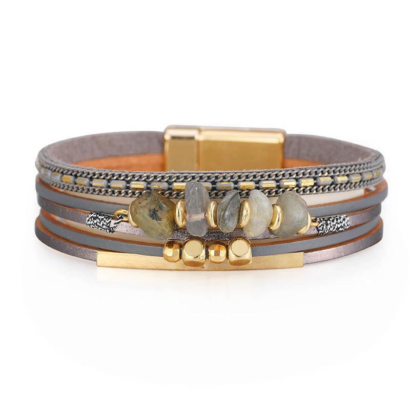 Natural Beaded Leather Clasp Bracelets