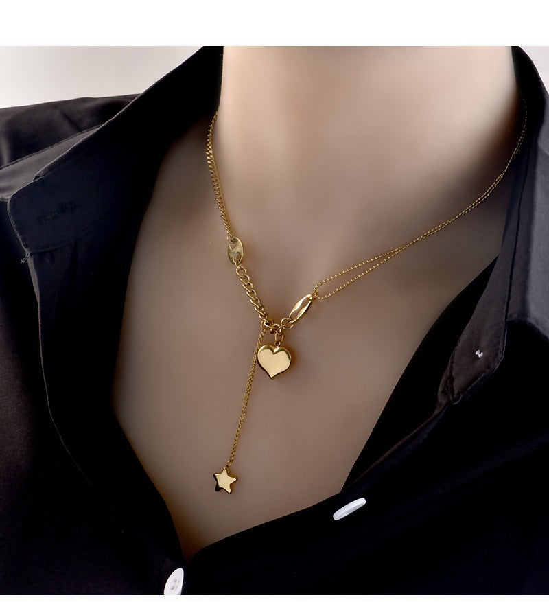 SISSLIA Hot Sale Fashion Gold Stainless Steel Necklace Hip Hop Star Tassels Heart Pendant Necklace For Women