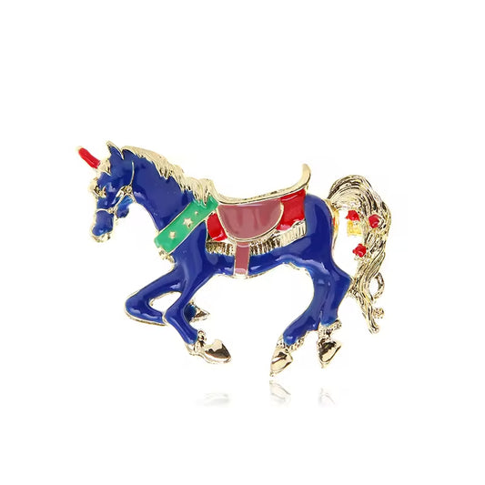 SISSLIA Fashion Jewelry Unique Blue Enamel Horse Unicorn Crystal Vintage Animal Brooches For Women