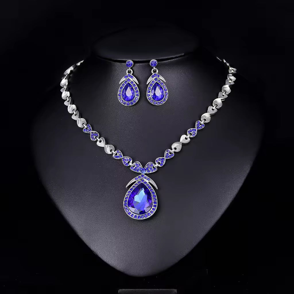 Luxury Royal Blue Crystal Bridal Necklace Sets For Women Jewelry Wedding Sets