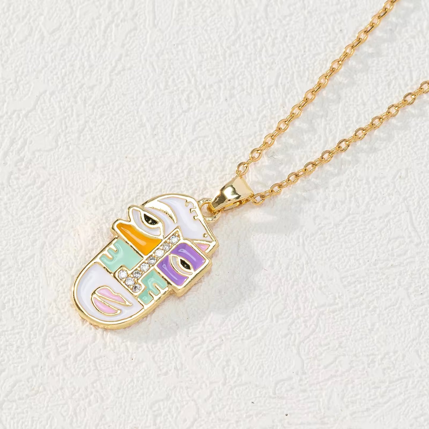 Fashion Style Dripping Oil Portrait Necklace Gold Plated Colorful CZ Cartoon Portrait Slippers Pendant Necklace