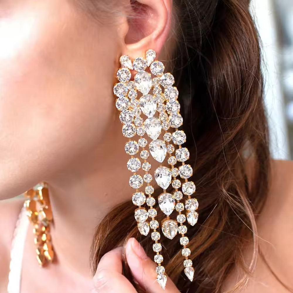 Rhinestone Earrings Long Tassel Drop Earrings For Women Big Hanging Dangle Earrings Bridal Wedding Jewelry
