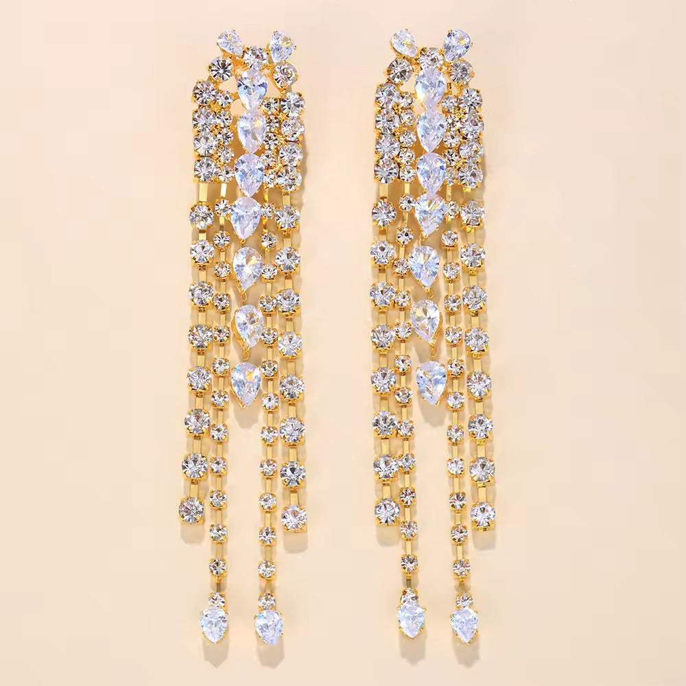 Rhinestone Earrings Long Tassel Drop Earrings For Women Big Hanging Dangle Earrings Bridal Wedding Jewelry