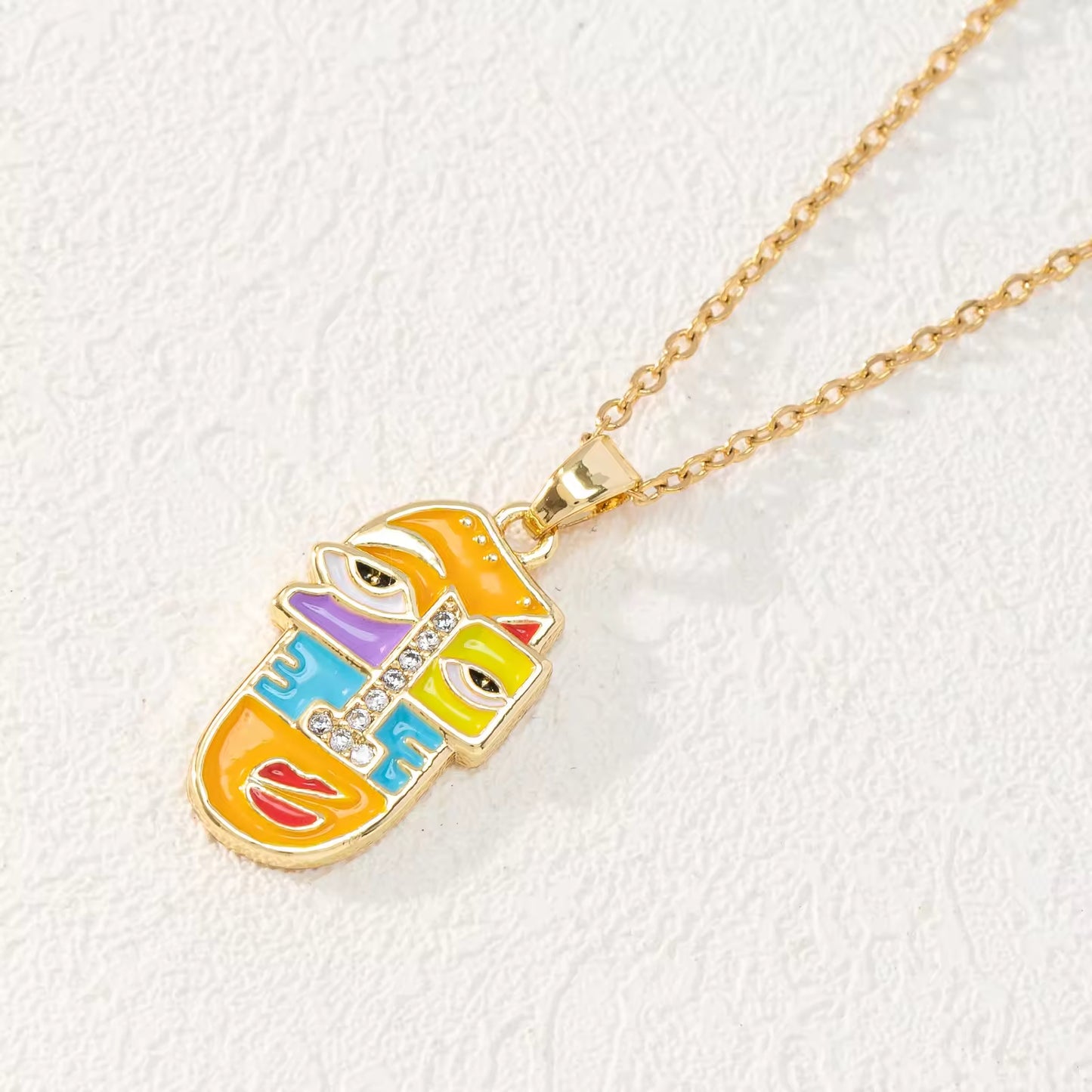 Fashion Style Dripping Oil Portrait Necklace Gold Plated Colorful CZ Cartoon Portrait Slippers Pendant Necklace