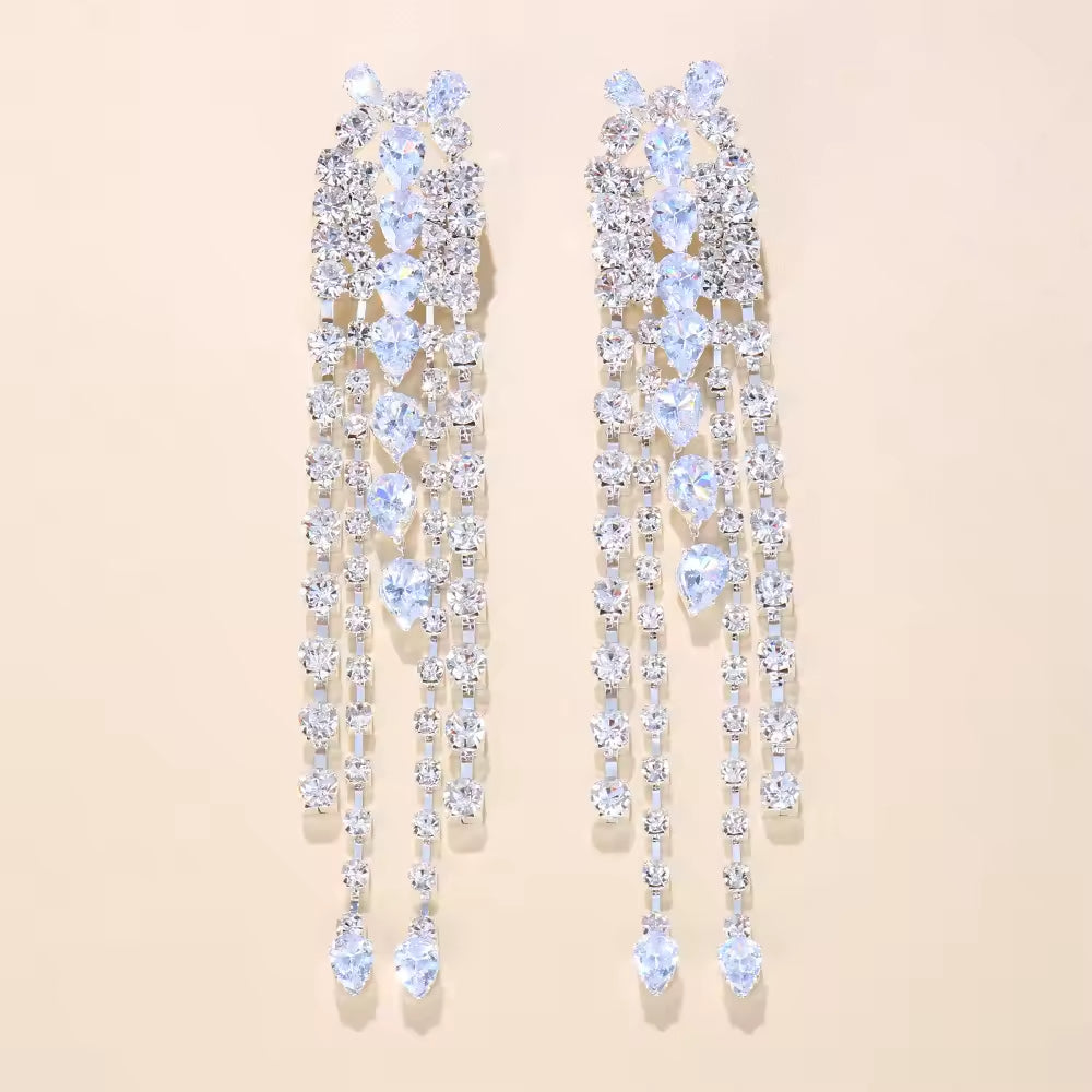 Rhinestone Earrings Long Tassel Drop Earrings For Women Big Hanging Dangle Earrings Bridal Wedding Jewelry