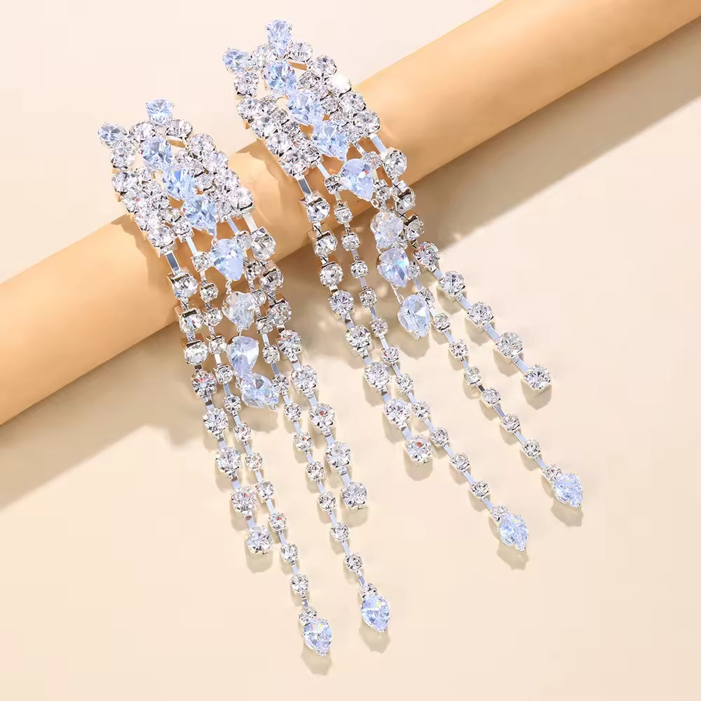 Rhinestone Earrings Long Tassel Drop Earrings For Women Big Hanging Dangle Earrings Bridal Wedding Jewelry