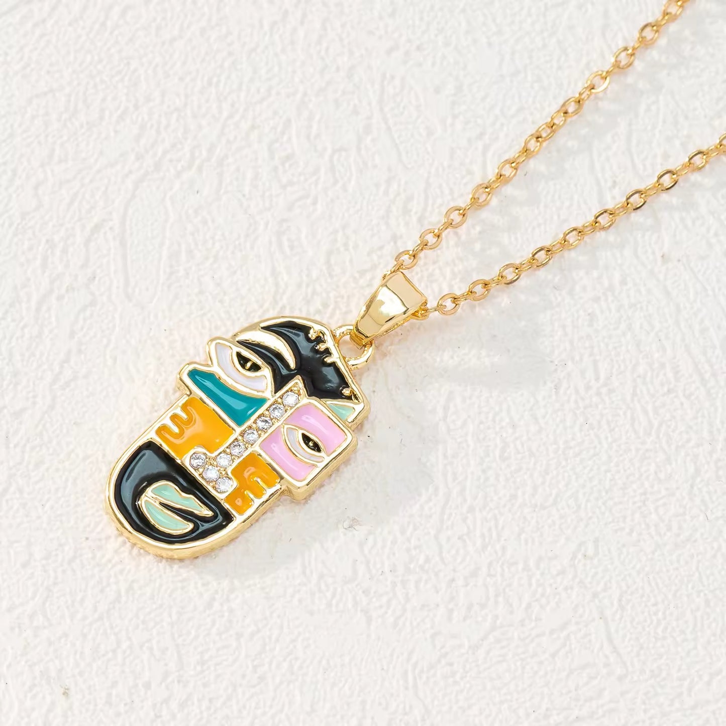 Fashion Style Dripping Oil Portrait Necklace Gold Plated Colorful CZ Cartoon Portrait Slippers Pendant Necklace