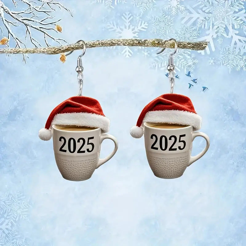 SISSLIA New Fashion Red Christmas Hat Number 2025 Mug Coffee Cup Dangle Acrylic Earrings for Women Girls Festival Party Jewelry