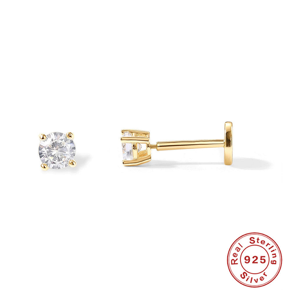 SISSLIA 14K Gold Plated Solid 925 Sterling Silver Post Cubic Zirconia Stud Flat Back Earrings For Women Cartilage Earring