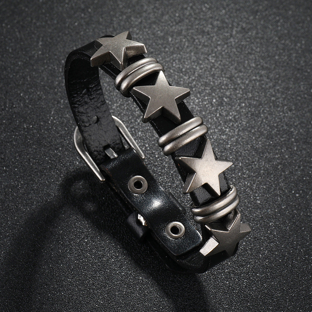 SISSLIA Punk Skull Star Bracelet Personality PU Leather Three Rows Spikes Square Stud Bracelets Bangle For Women Man