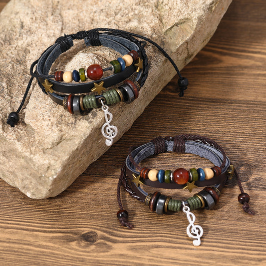 SISSLIA Trendy Handmade Weave Brown Leather Bracelet Metal Star Note Charms Wood Beads Bangle For Unisex Adjustable Bracelet