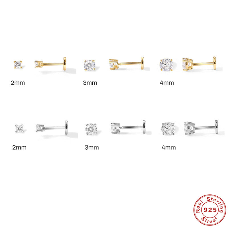 SISSLIA 14K Gold Plated Solid 925 Sterling Silver Post Cubic Zirconia Stud Flat Back Earrings For Women Cartilage Earring