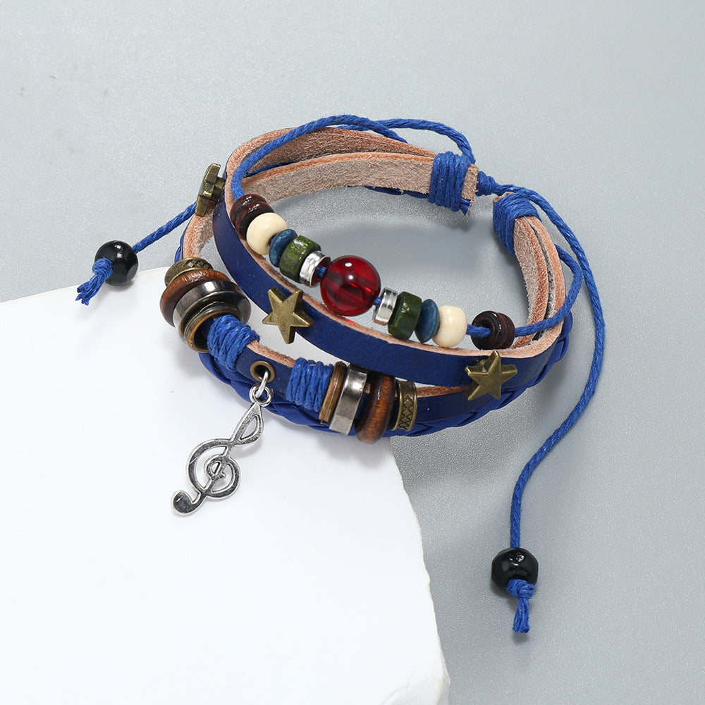 SISSLIA Trendy Handmade Weave Brown Leather Bracelet Metal Star Note Charms Wood Beads Bangle For Unisex Adjustable Bracelet