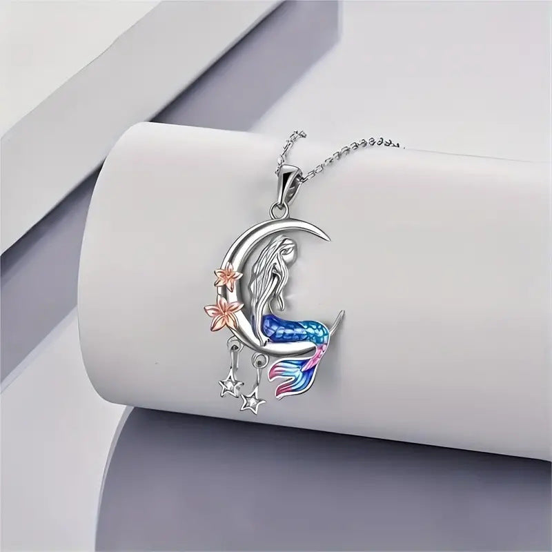 SISSLIA Mermaid Necklace Ocean Mermaid Crescent and Star Necklace with Flower Pendant Birthday Gift Jewelry for Girls