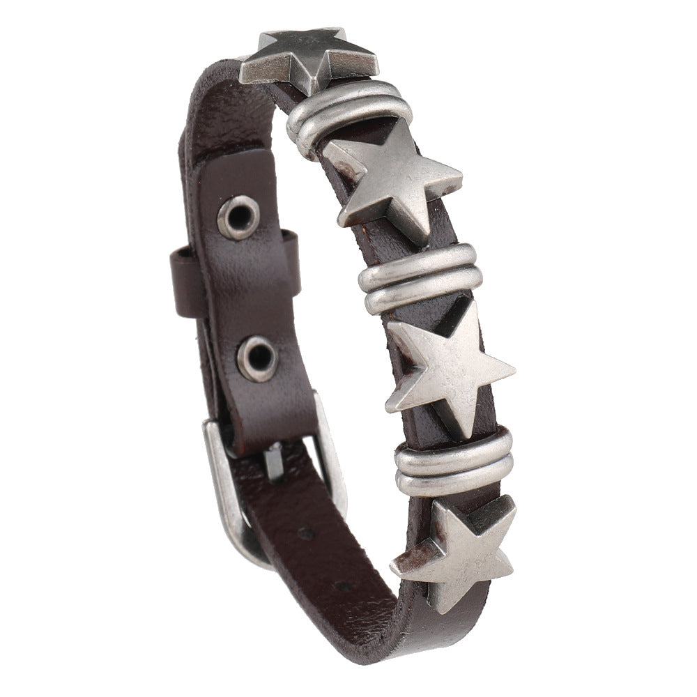 SISSLIA Punk Skull Star Bracelet Personality PU Leather Three Rows Spikes Square Stud Bracelets Bangle For Women Man