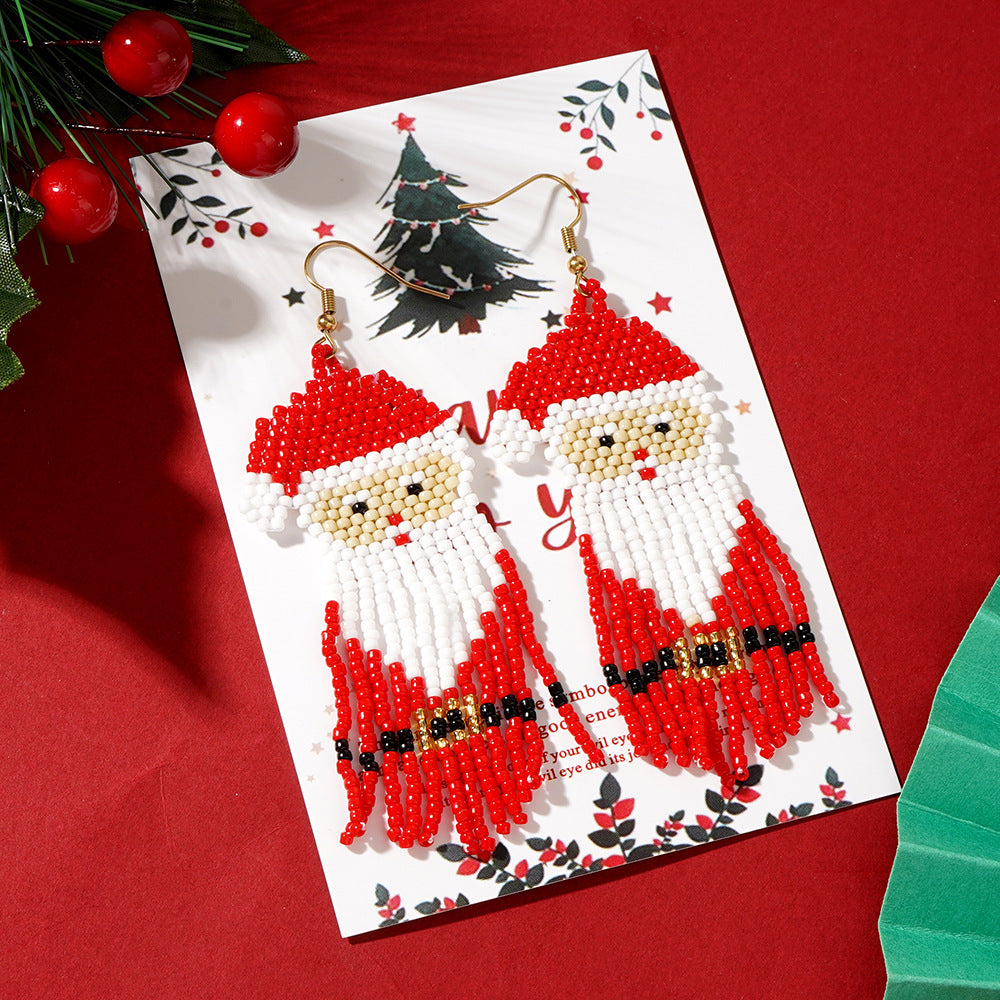 SISSLIA Beaded earrings Tassel Originality Christmas Santa Claus Design Hand knitting Bohemia Alloy Tide Simple Rice bead earrings