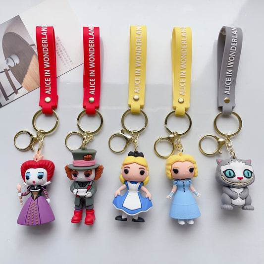 SISSLIA Cartoon Alice in Wonderland Cute Alice Mad Hatter Red Queen Action Model Key Chain Male And Female Bag Accessories