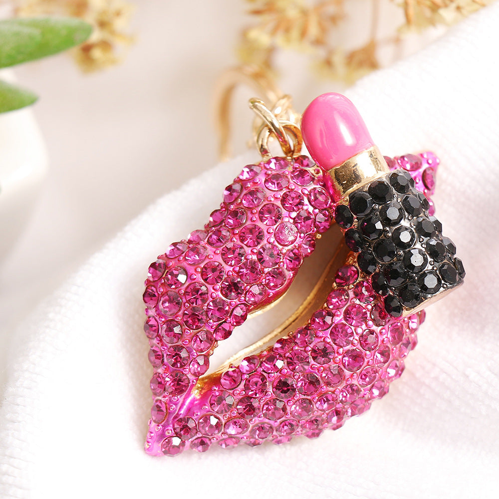 SISSLIA Rhinestone Lips Lipstick Keychain Cute Metal Key Chain Ring Bag Backpack Charm Car Key Pendant Women Girls Gift