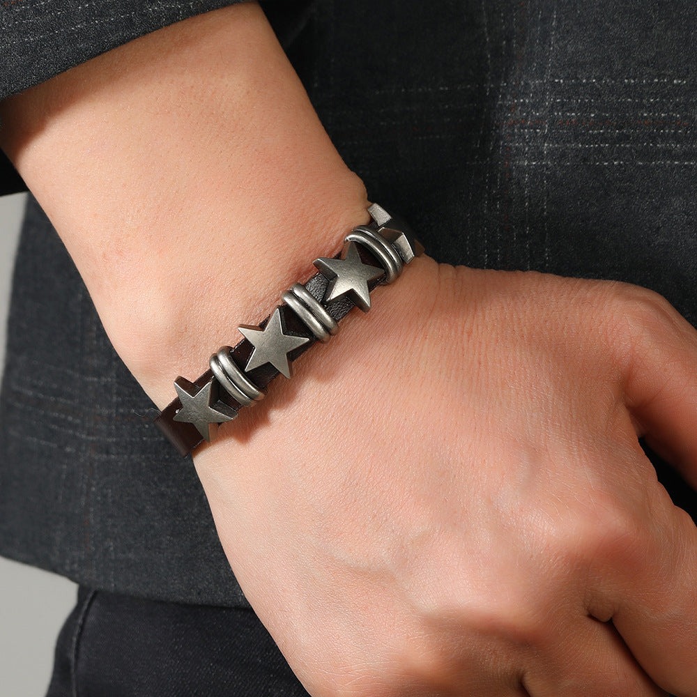 SISSLIA Punk Skull Star Bracelet Personality PU Leather Three Rows Spikes Square Stud Bracelets Bangle For Women Man