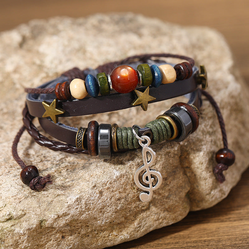 SISSLIA Trendy Handmade Weave Brown Leather Bracelet Metal Star Note Charms Wood Beads Bangle For Unisex Adjustable Bracelet
