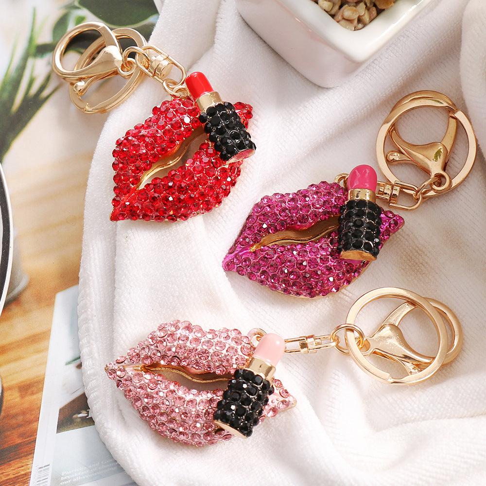 SISSLIA Rhinestone Lips Lipstick Keychain Cute Metal Key Chain Ring Bag Backpack Charm Car Key Pendant Women Girls Gift