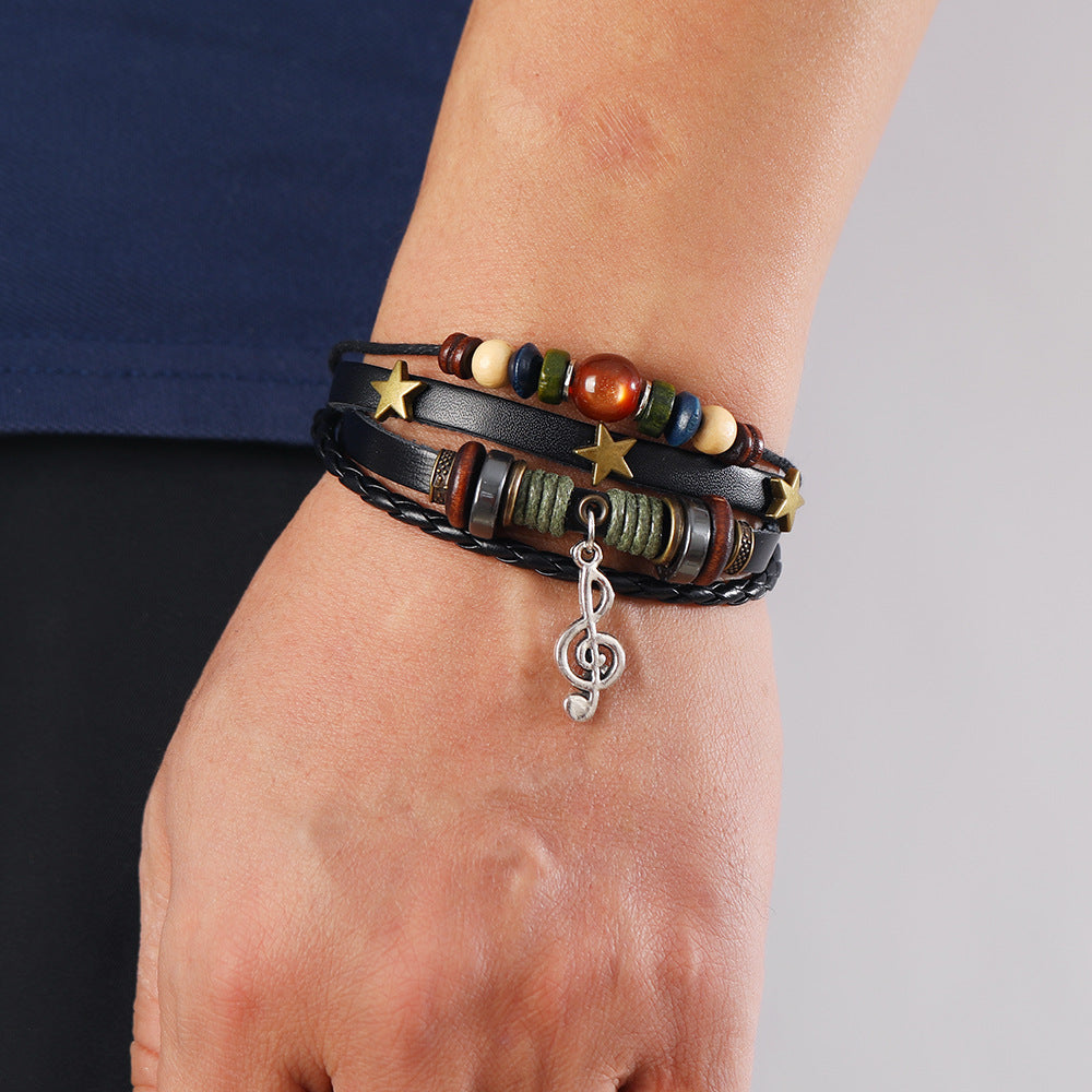 SISSLIA Trendy Handmade Weave Brown Leather Bracelet Metal Star Note Charms Wood Beads Bangle For Unisex Adjustable Bracelet