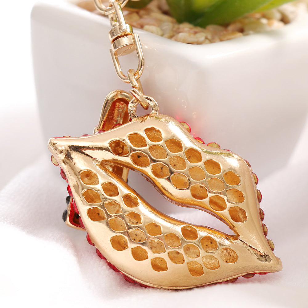 SISSLIA Rhinestone Lips Lipstick Keychain Cute Metal Key Chain Ring Bag Backpack Charm Car Key Pendant Women Girls Gift
