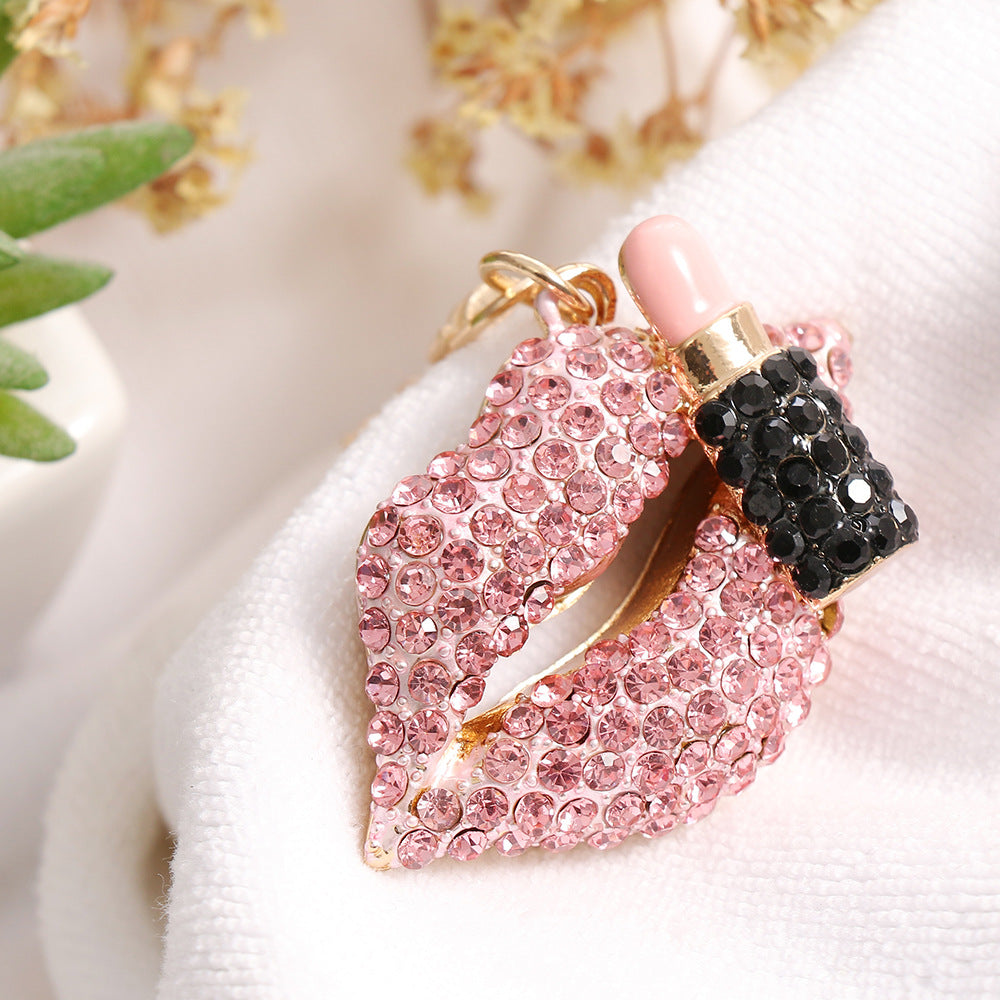 SISSLIA Rhinestone Lips Lipstick Keychain Cute Metal Key Chain Ring Bag Backpack Charm Car Key Pendant Women Girls Gift