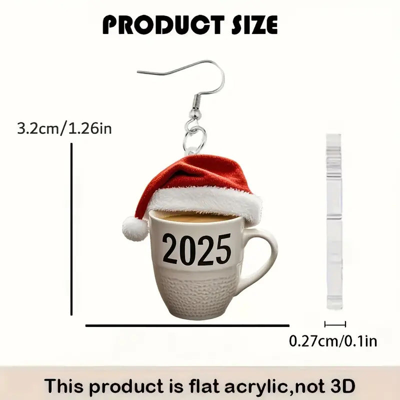SISSLIA New Fashion Red Christmas Hat Number 2025 Mug Coffee Cup Dangle Acrylic Earrings for Women Girls Festival Party Jewelry