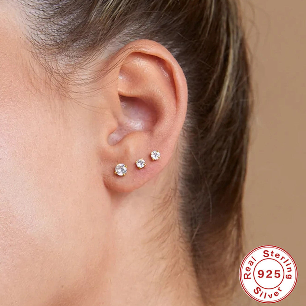 SISSLIA 14K Gold Plated Solid 925 Sterling Silver Post Cubic Zirconia Stud Flat Back Earrings For Women Cartilage Earring
