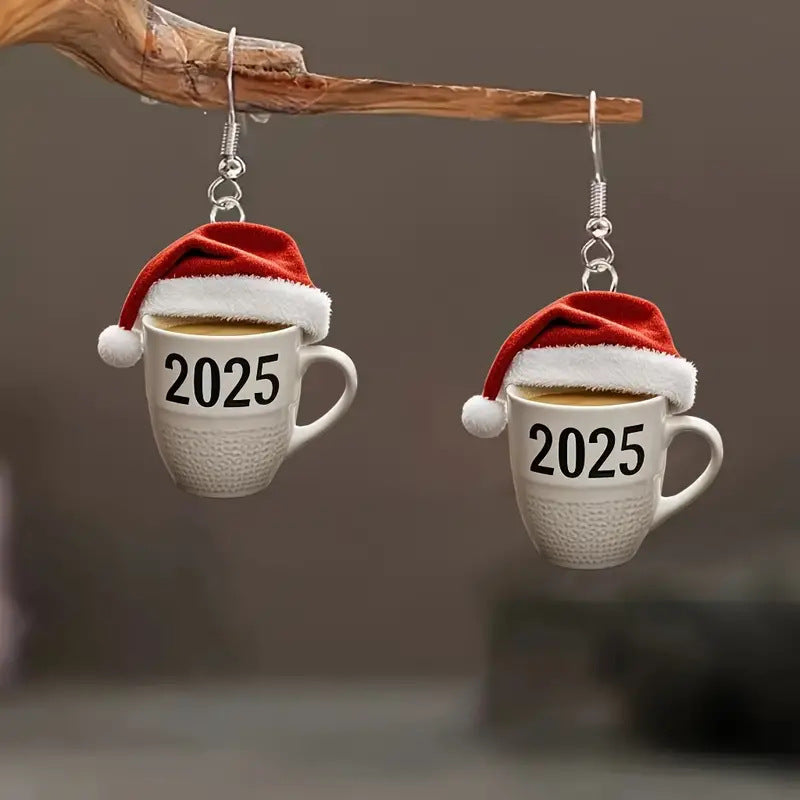 SISSLIA New Fashion Red Christmas Hat Number 2025 Mug Coffee Cup Dangle Acrylic Earrings for Women Girls Festival Party Jewelry